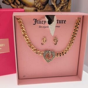 Juicy Couture Gold Necklace with Heart Pendant And Matching Earrings